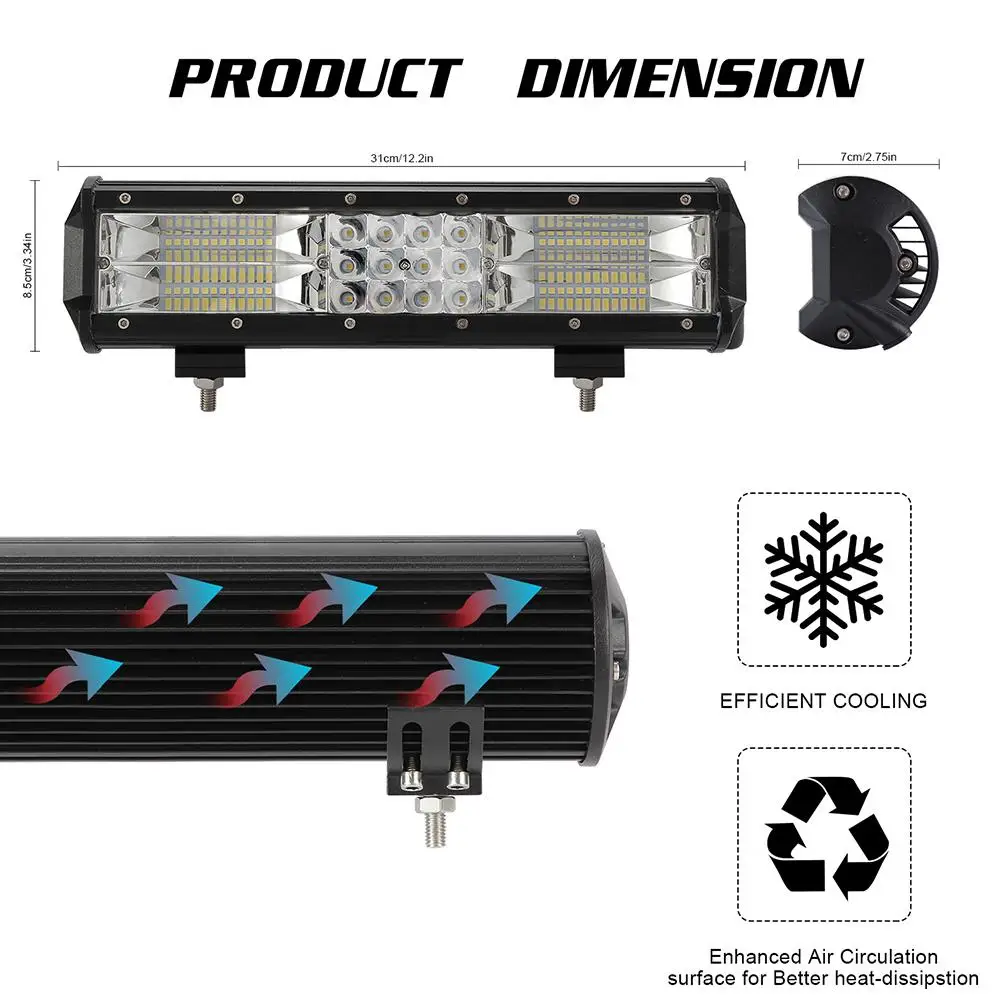 12 дюймов, 3 ряда, 180 Вт, светодиодный длинный светильник, барный головной светильник, рабочий, ремонтный светильник, 6000 K, автомобильная алюминиевая лампочка из сплава, аксессуары для лампы