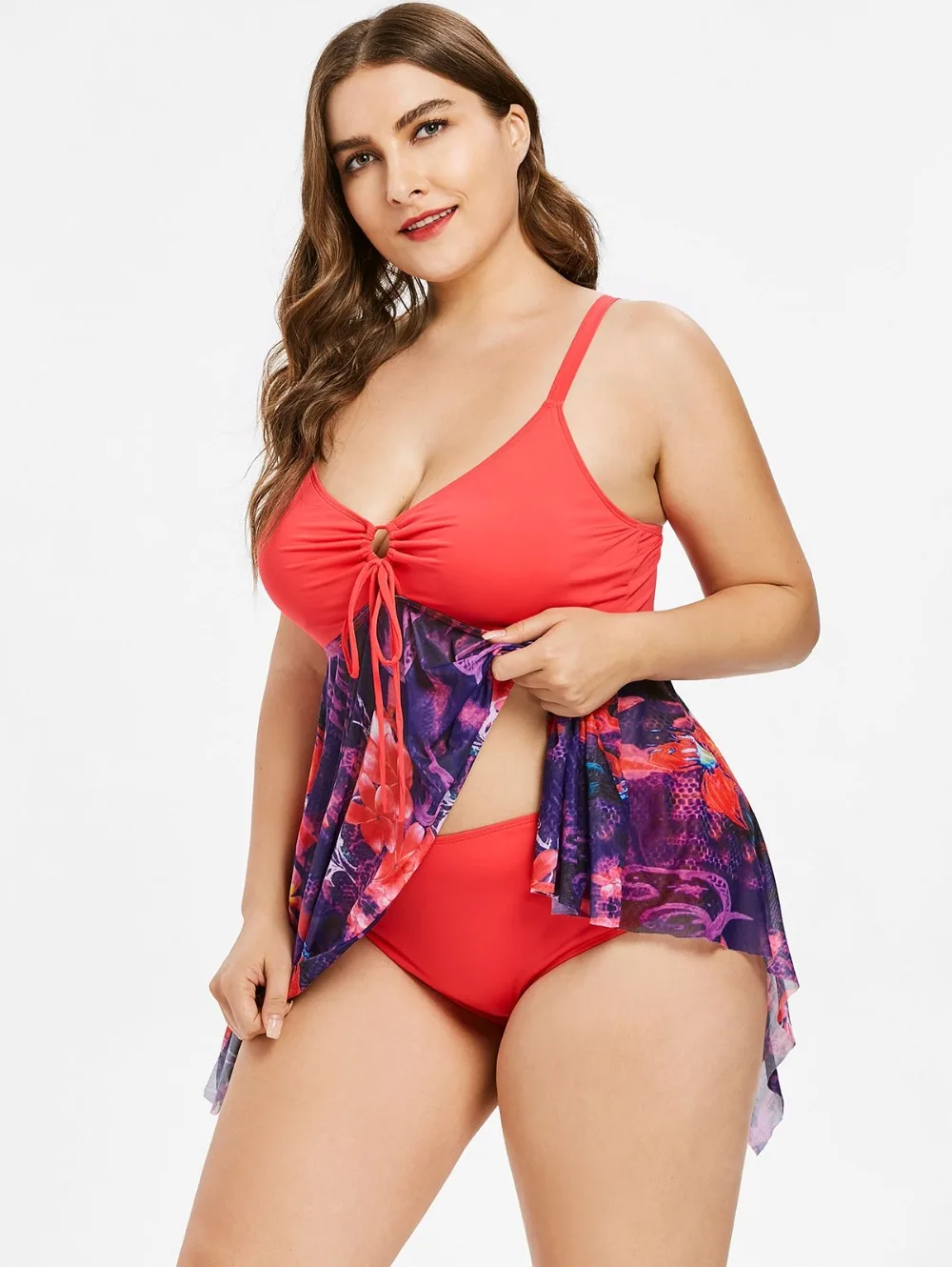 

High Waisted Plus Size Asymmetrical Tankini Sexy Floral Swimsuit Boyshort Women Padded Swimwear Bathing Suit