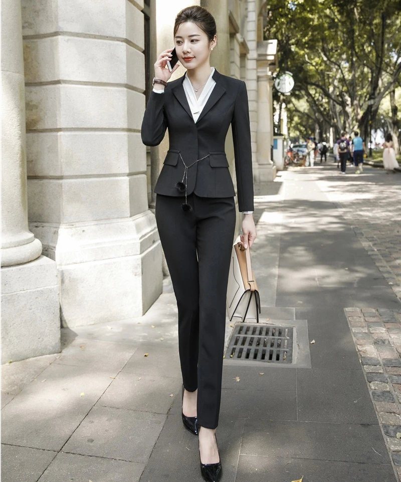 Blazer negro Formal para mujer, trajes de trabajo con pantalón y chaqueta,  Conjunto elegante para mujer, uniforme de oficina, estilo OL|Trajes de  pantalón| - AliExpress
