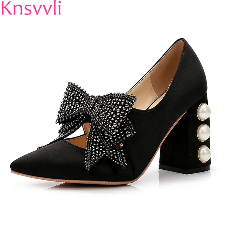 

Knsvvli Rhinestone Bowknot Chunky High Heels Shoes Woman Pearl Rivets Heels Banquet Shoes Black Satin Sexy Ctystal Women Pumps