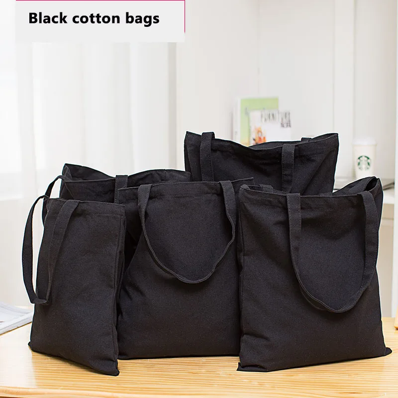 Sale Wholesale 200pcs/lot  Eco Reusable Black Cotton Canvas Shopping Tote Bags Natural Fabric Grocery Recyclable Fashion Design Bags 1