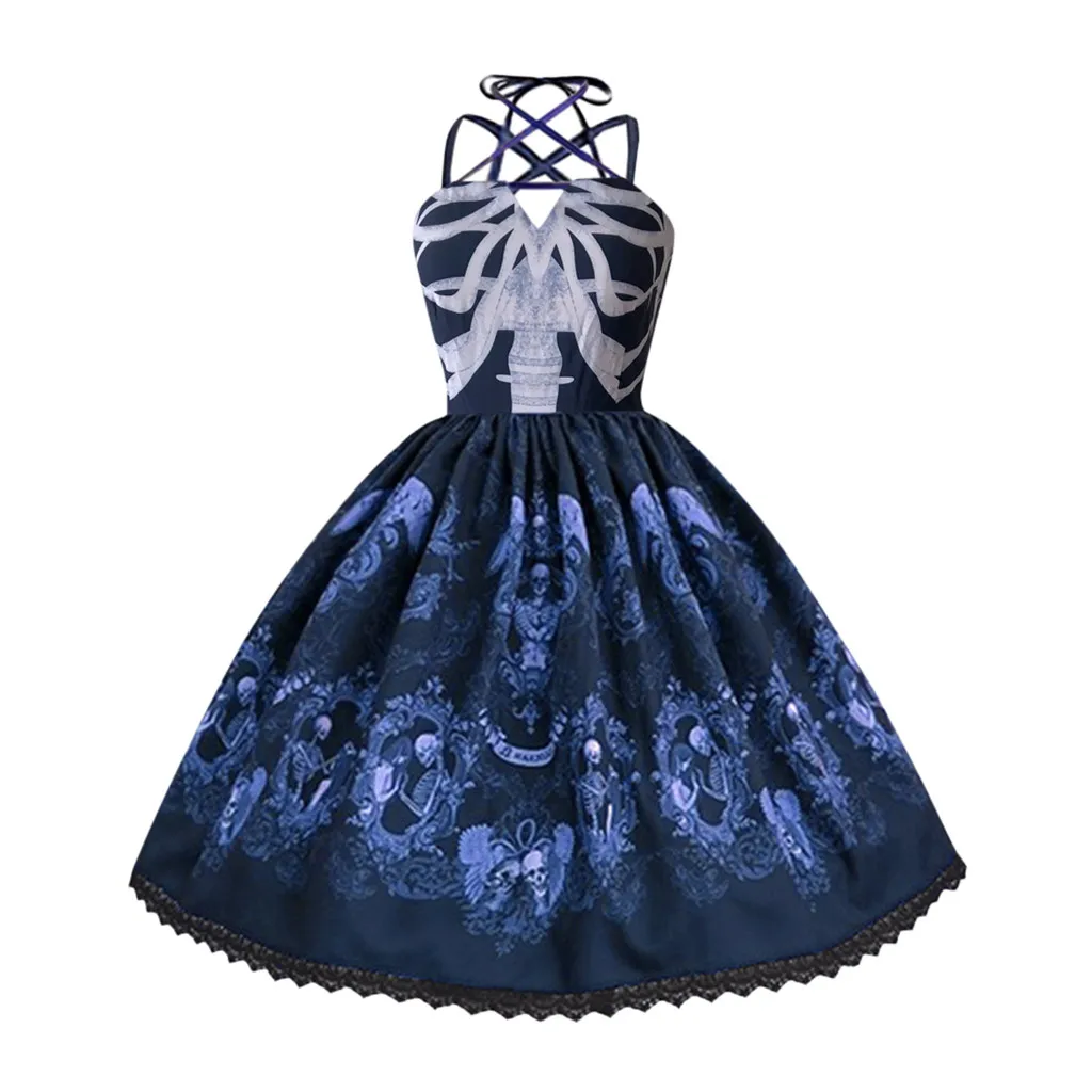

Skull Print elegant dress women Punk Style Strap women's dresses Hepburn Big Swing Party dress women party elegant sukienka#G7