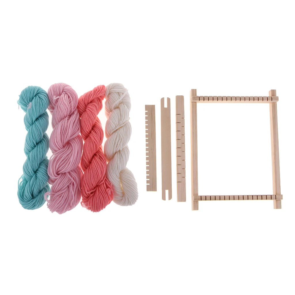 Wooden Traditional Weaving Loom Knitting Tools Handloom Machine Frame with 4  Woolen Yarn for DIY Crafts