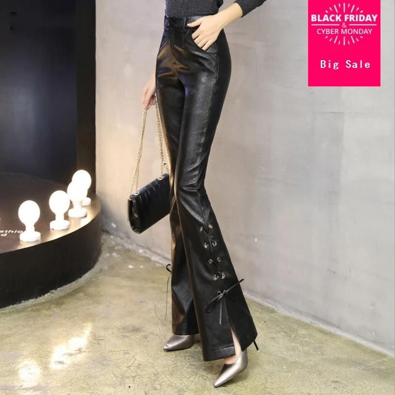 2018 Autumn Winter fashion new  PU leather pants women slim was thin flare pants fashion lace up leather pants trousers L1210