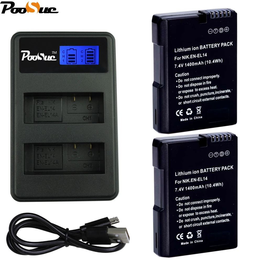 

2pc EN-EL14 EN EL14 EL14A Rechargeable Li-ion Battery + LED USB Dual Charger for Nikon ENEL14 d5300 d5200 d5100 d3100 d3200 P710