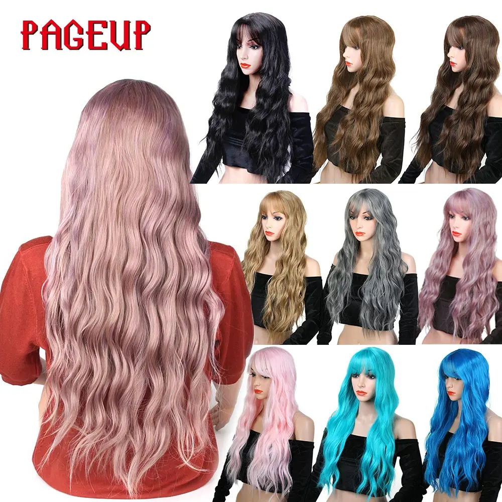 Pageup 26 Afro largo Rubio Rosa rizado sintético peluca pelucas de pelo falso con flequillo para mujeres negras rojo Cosplay peluca de la mujer pelucas venta