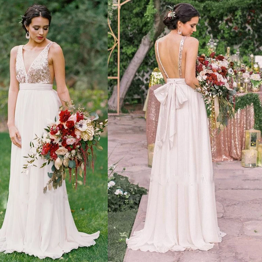 

Plunging-Neck Sequined Open-Back Sleeveless Bowknot Long Summer Beach Bridesmaid Dress Sweep Train Formal Dress