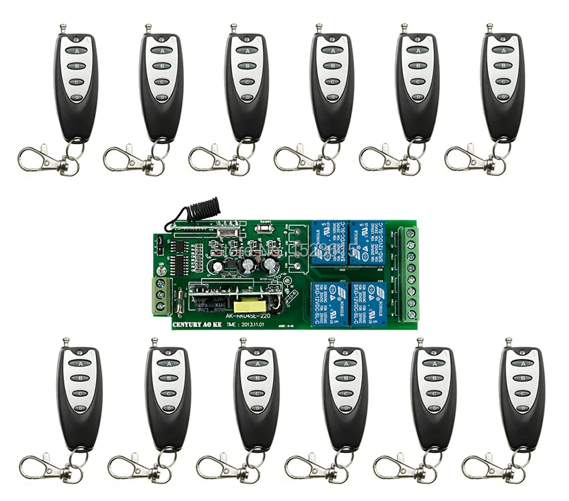 

85v~250V 4CH RF Wireless Remote Control Relay Switch Security System Garage Doors or Electric Doors 1 x Receiver&12x Transmitter