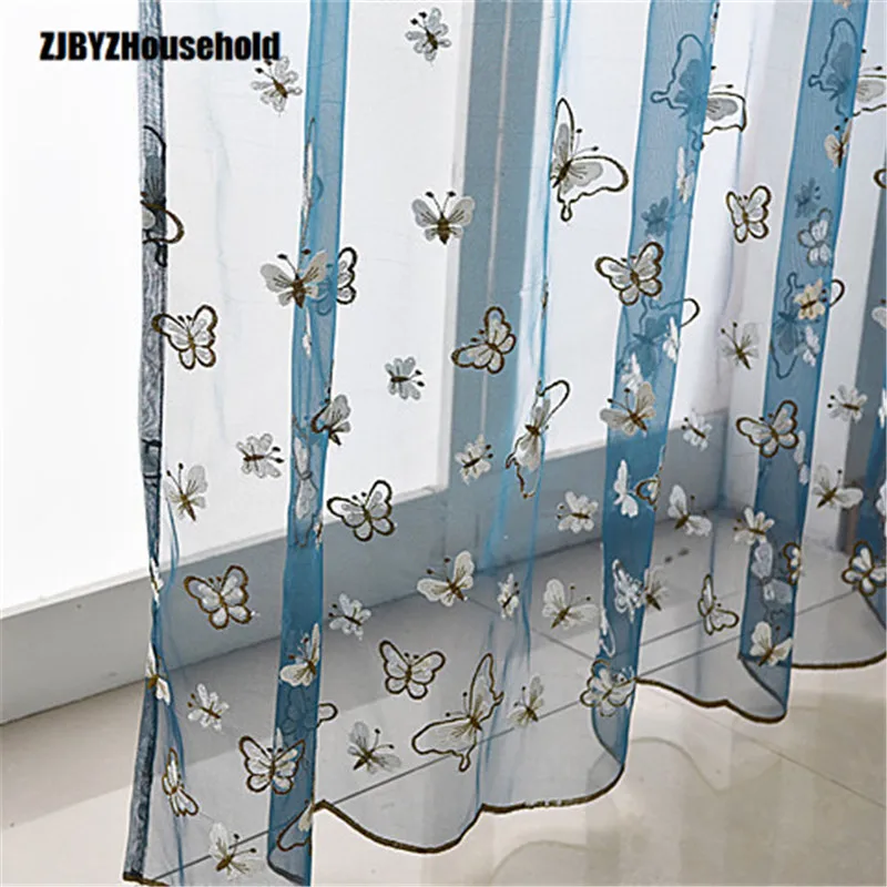 New Fabric Curtain Stitching, Hollow Embroidery Curtains, Blue Butterfly Embroidery.Tulles for