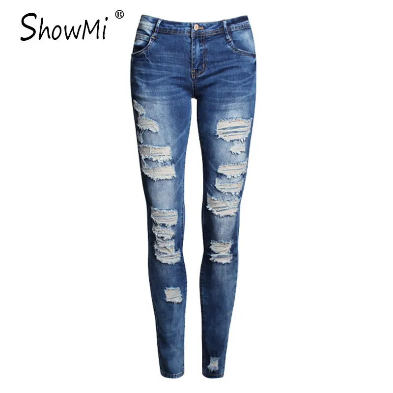 

ShowMi 2016 Ripped Skinny Jeans for Women Autumn Blue American Apparel Jeans Slim Bodycon Low Waist Light Blue Women Jeans