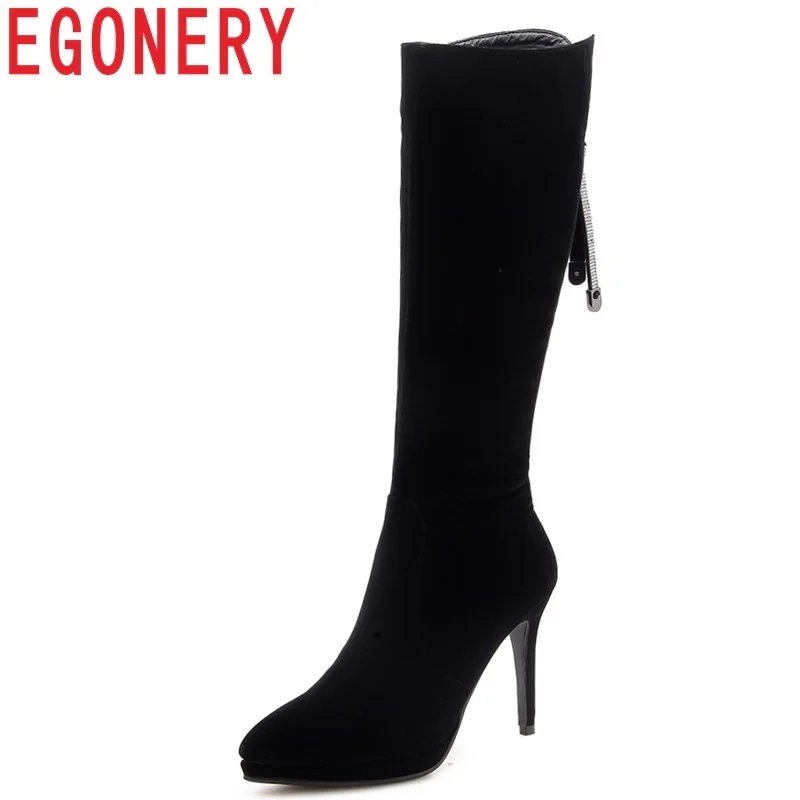 

EGONERY newest fashion crystal flock shoes women super high thin heels pointed toe zip boots winter outside warm knee high boots
