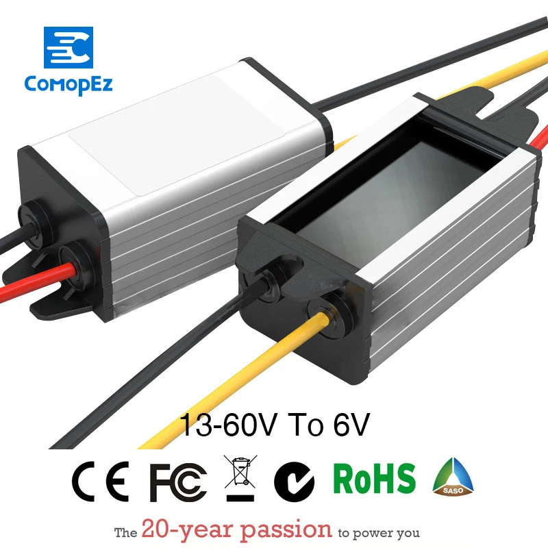 

Power Supply Converter DC/DC Step-down 12V/24V to 6V3A Waterproof Control Car Module Low Heat Auto Protection Size 54*35*21mm