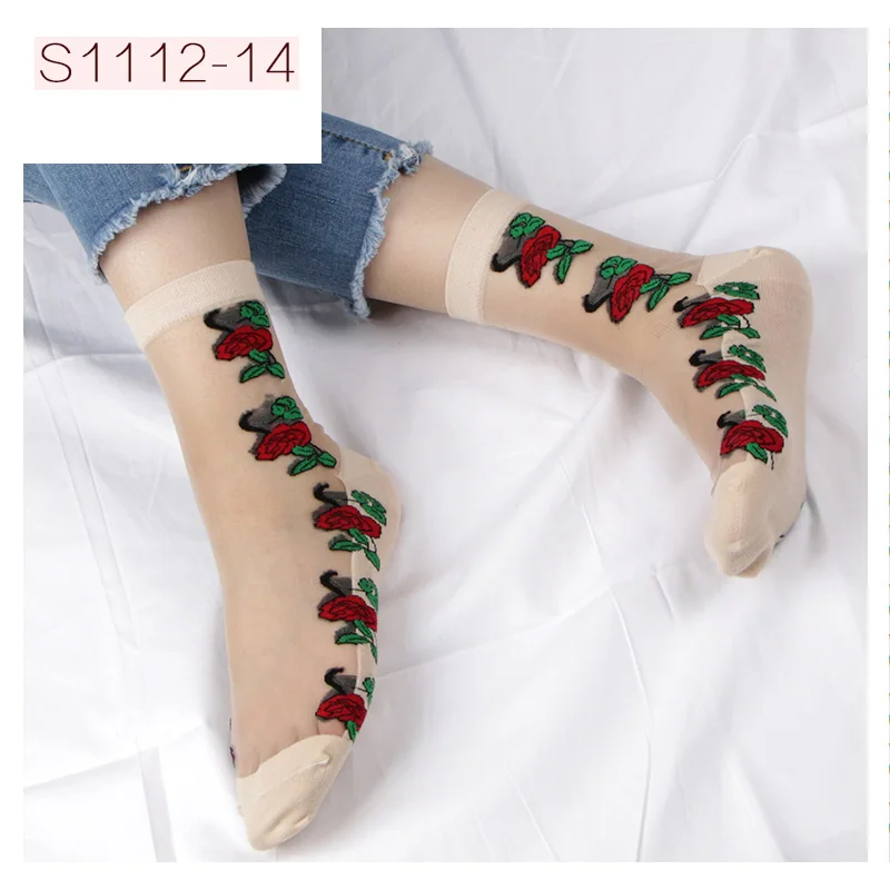 Женские носки NEST, 5 пар/партия, хлопок, вискоза, красная роза, тонкие повседневные женские носки, 21-25 см, свободный размер, принт, женские носки - Цвет: 5 pairs