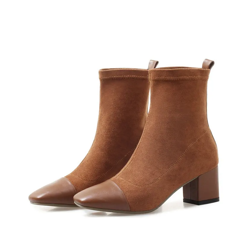 TASSLYNN/2019 женские ботинки с квадратным носком, женская обувь на квадратном каблуке, ботинки до середины икры, модная обувь из эластичной