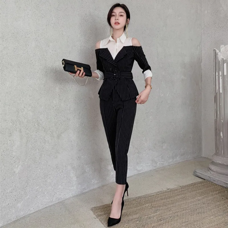 

Workwear Sets 2019 Spring Black Striped Casual Office Suits For Women Patchwork Shirt Tops and Pencil Pants Suit 2 Pieces Set
