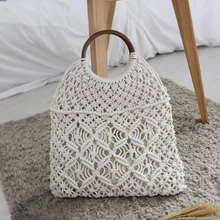 Bolso de mano tejido con asa de madera con monedero Interior hecho a mano de algodón hilo Crochet bolso de playa de verano bolso Vintage tejido