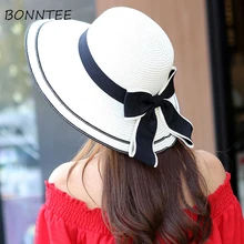 Панама, шапки, элегантные, одноцветные, с бантом, с широкими полями, летняя, пляжная шляпа, для женщин, солнцезащитный козырек, повседневная, Корейская, для женщин, s, милая, стиль, тренд, для улицы, шик