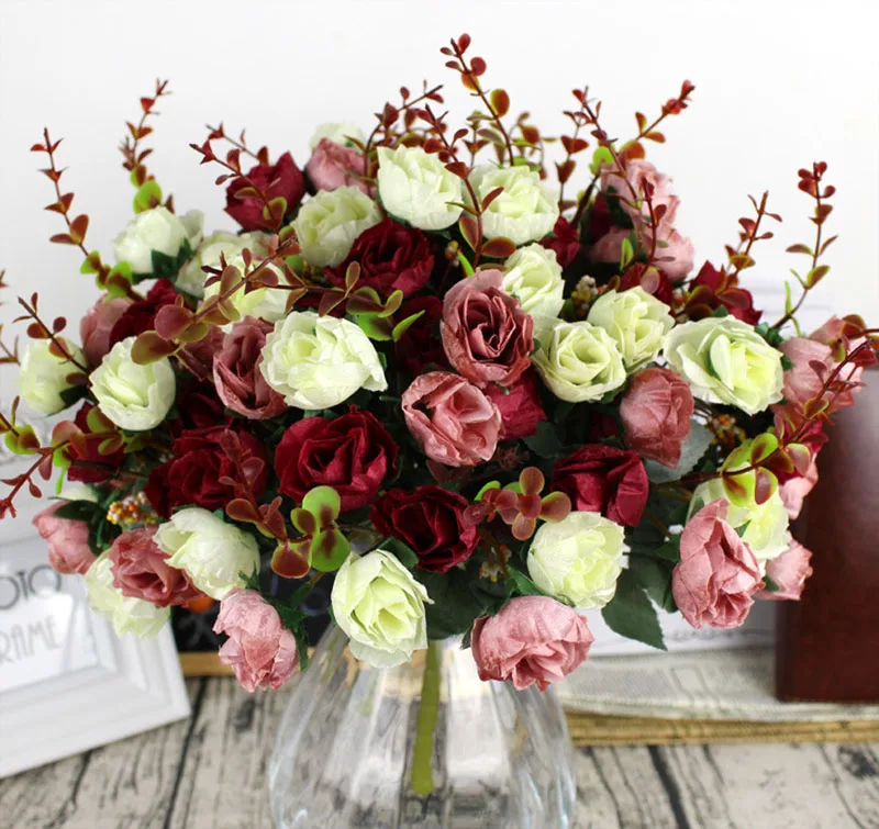 Flone Artificial Silk Rose Bouquet Fake Flowers Home Wedding Display Flower European Rose Small Bouquet Party Decoration (6)