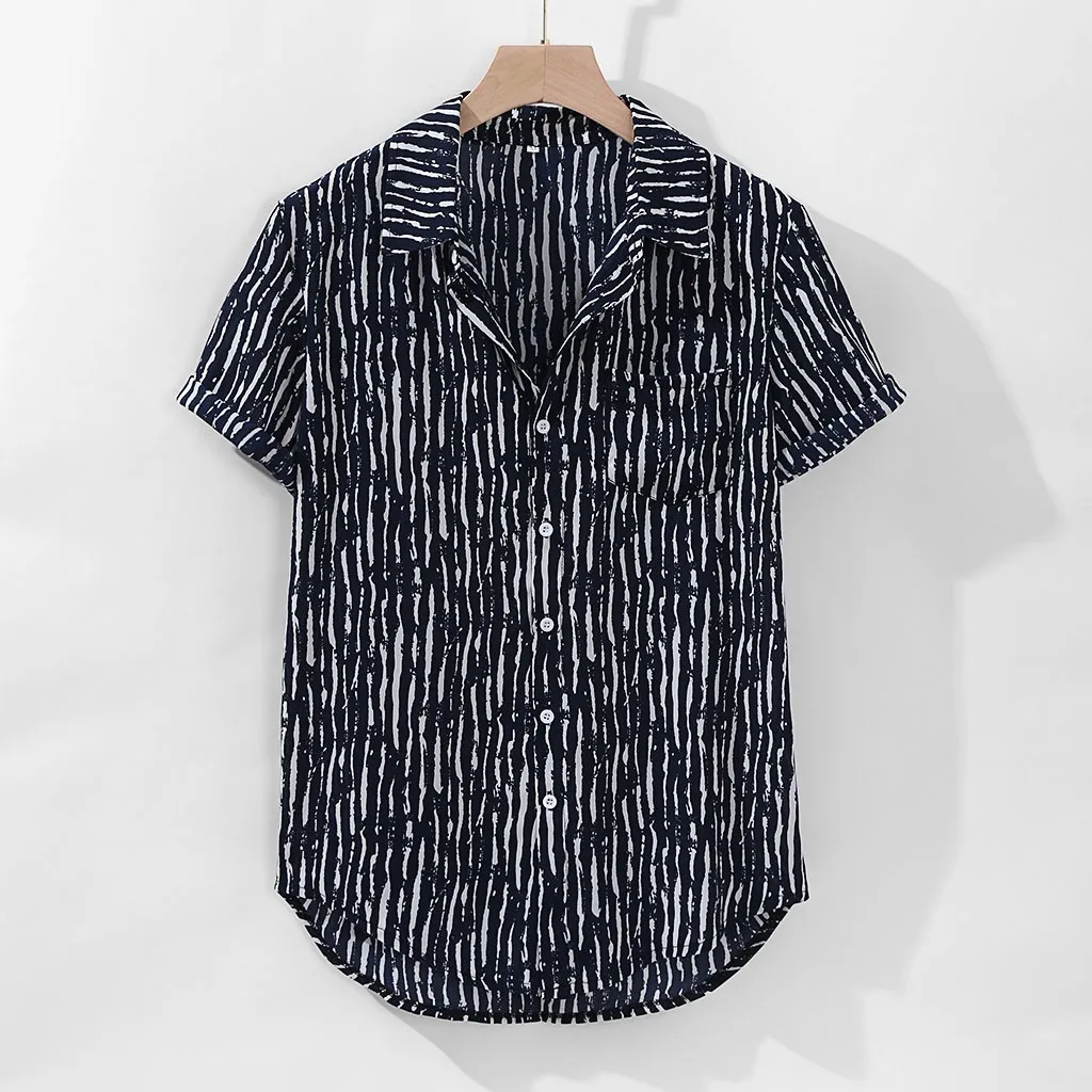 

Mens Striped Printed Retro Loose Short Sleeve Causal Breathable Turn Down Collar Beach Shirt Tops Plus Size Mens Clothing