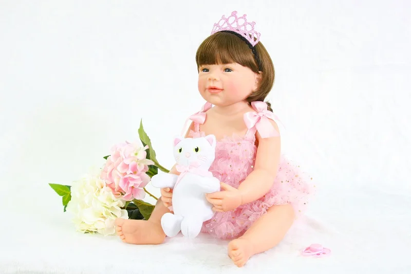 

Princess sue 22inch55cm new arrival full silicone body simulation baby girl with pink skirt can bathe silicone reborn baby dolls