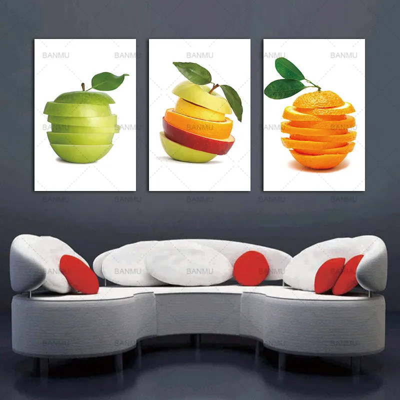 

3 pieces kitchen wall pictures fruit canvas painting modern dining room decoration print on canvas green apple and oranges cuts