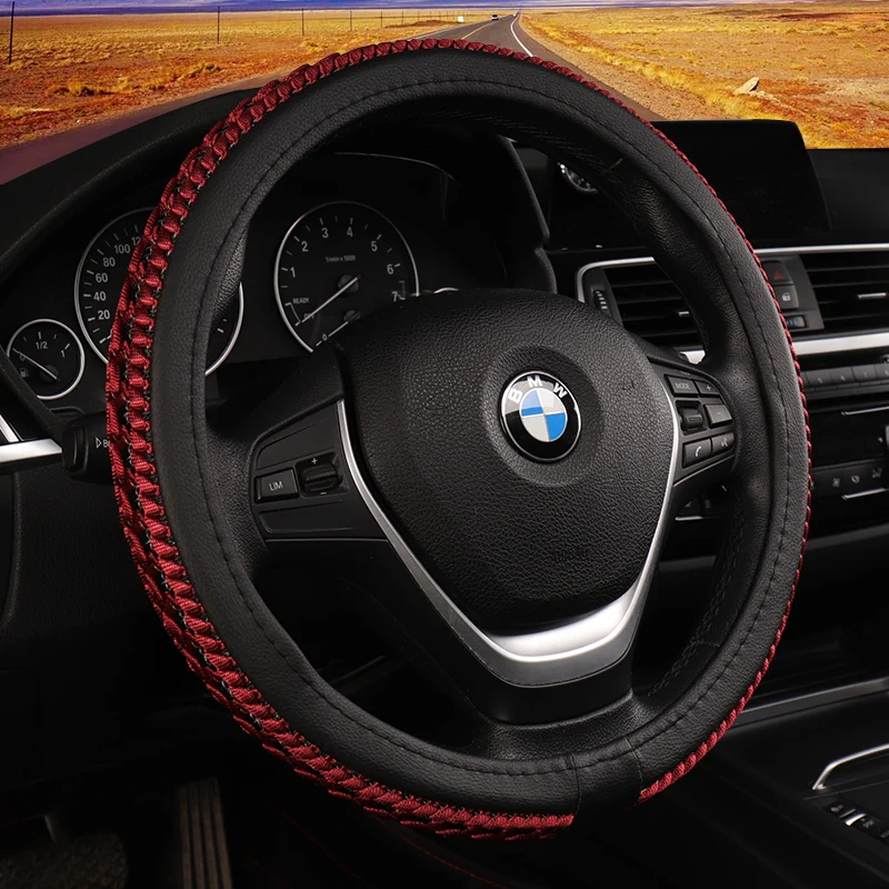 

KKYSYELVA Black Car Sport Steering Wheel Cover Leather Auto Steering Covers Universal 38CM wheel covers Car Inter Accessories