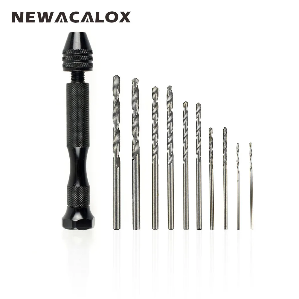 

NEWACALOX Manual Mini Micro Aluminum Rotary Hand Tool Countersink Drill Bit Chuck with 10pcs Twist Drills