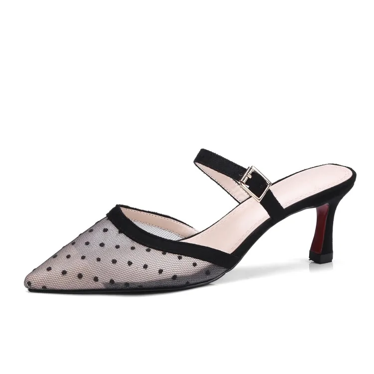 2018 Summer Elegant Lace Mesh Sandals Polka Dot Pointed Toe Gladiator Shoes Woman High Heels Big Size 34-43 Strap Footwear Woman (16)
