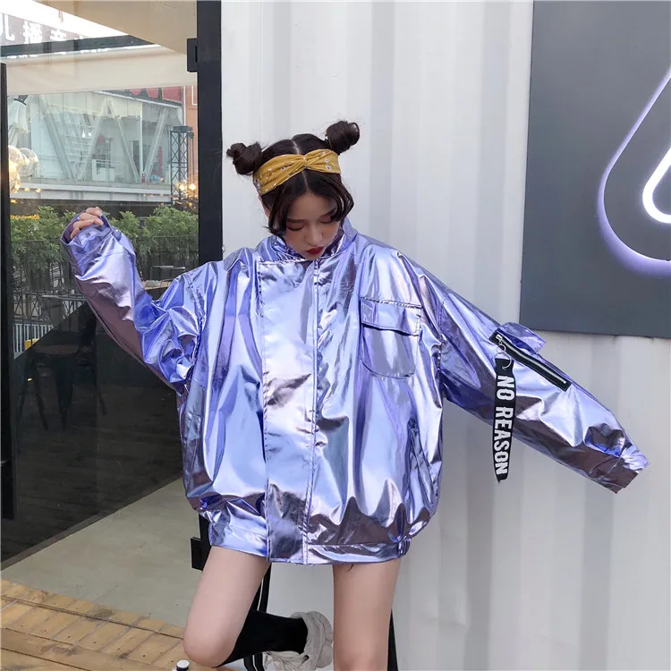 2019 Spring Women Casual Metal Batwing Sleeve Bomber Jacket Pink Silver Hip Hop Punk Loose Coat