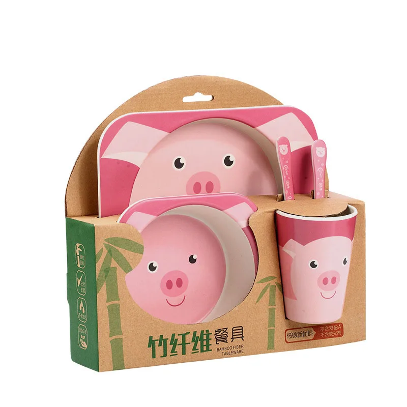 

5pcs/set Baby Dish Tableware Children Cartoon Feeding Bowl Plate Dishes Kids Natural Bamboo Fiber Dinnerware With Fork Cup Spoon