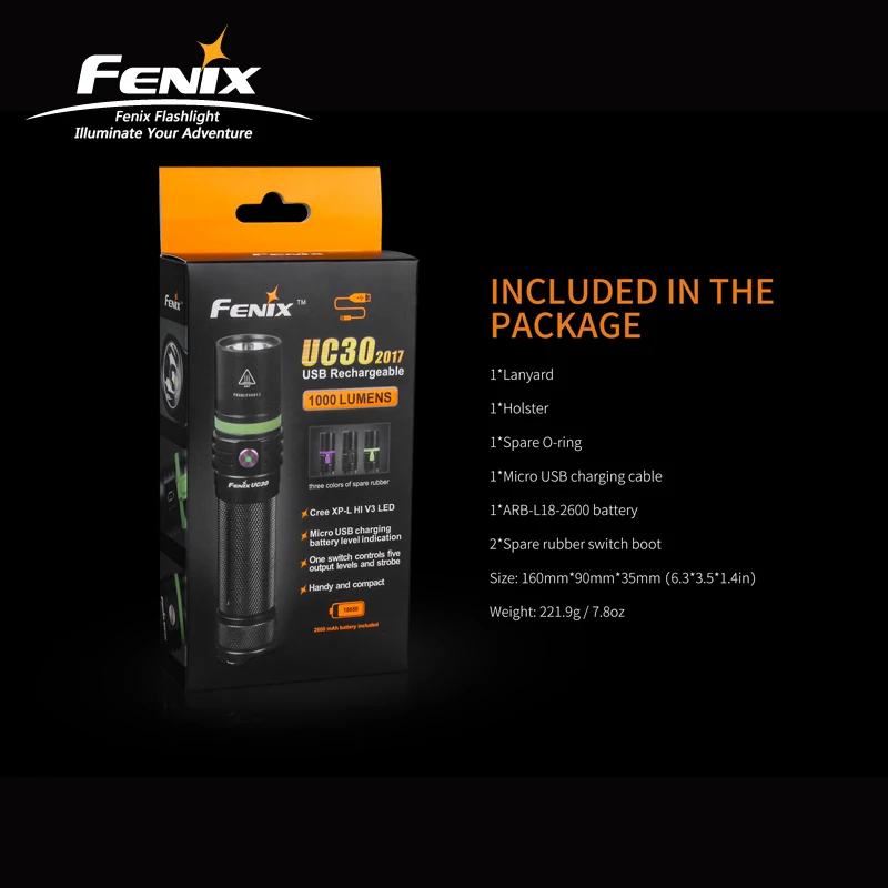  1000 Lumens Fenix UC30 2017 Cree XP-L HI V3 LED Torch Rechargeable Micro USB Flashlight with 2600mA - 32973741962