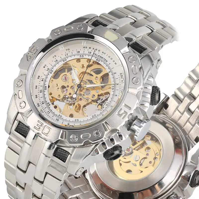 

Business Skeleton Watch Stainless Steel Automatic Mechanical Watches 2019 Golden Gear Hollow-out Design Tevise uhren herren