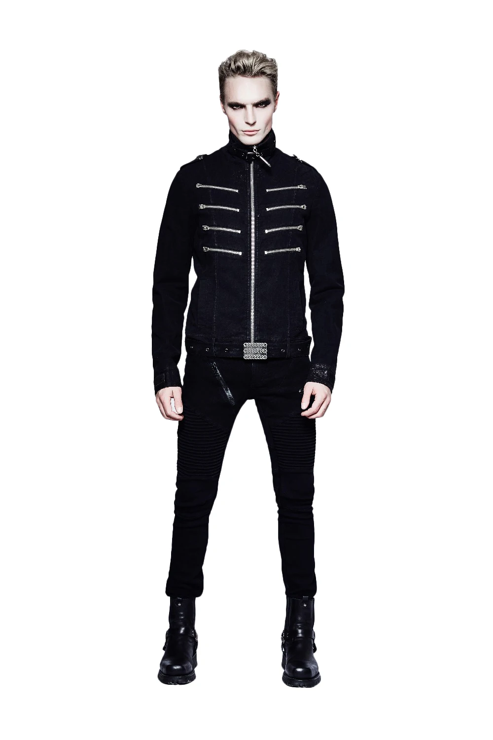 

Spring Breathable Handsome Punk Man Short Coat Jacket Zip Stand Collar Denim Casual Out Jacket False Belt Chain Coat
