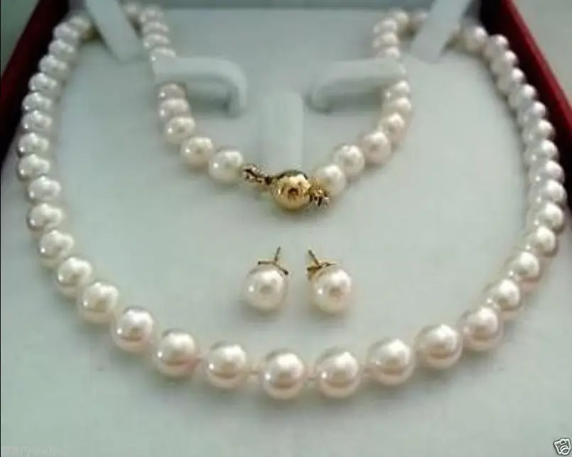 14 к Золотая Застежка 8-9 мм AAA+ белый Akoya культивированный жемчуг Ожерелье Серьги