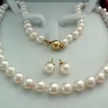 14 к Золотая Застежка 8-9 мм AAA+ белый Akoya культивированный жемчуг Ожерелье Серьги