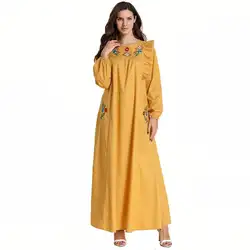 2019 женские мусульманские платья 4XL мусульманская одежда марокканский кафтан желтый карман вышивка цветок халат Дубай абайя Турецкая