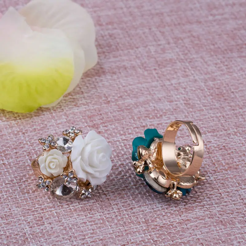 New Arrival 7 colors Resin Crystal Rose Flower Gold-Color Adjustable Women Wedding Fashion Statement Finger Rings