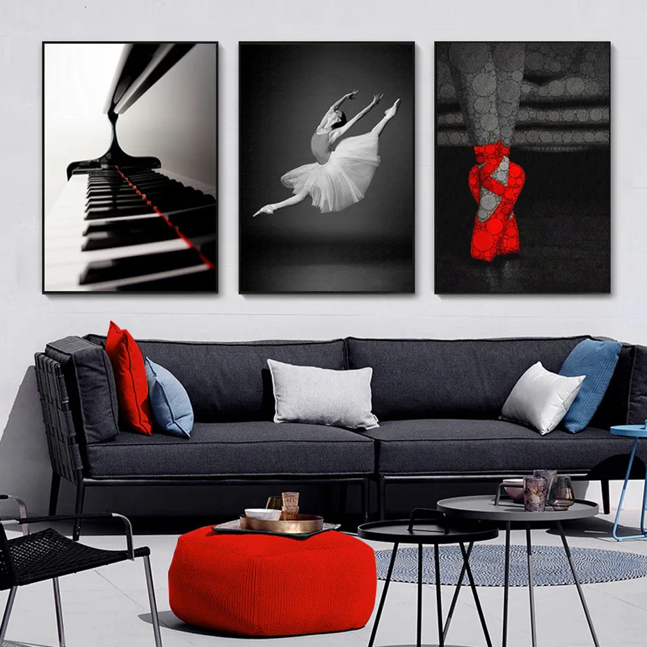 

SURE LIFE Modern Black And White Ballet Dancer Canvas Paintings Piano Red Shoes Posters Prints Wall Pictures Living Room Decor