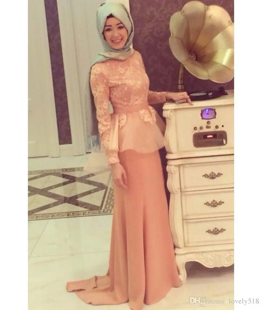 2016 Muslim Evening Dresses Long Sleeves With font b Hijab b font High Neckline Appliques Sash