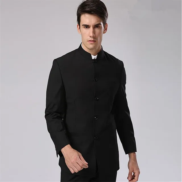 chinese style suit slim stylish black front button jacket trousers formal meetings
