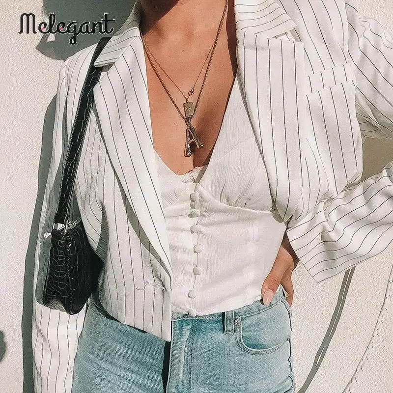 

Melegant Casual Stripe White Women Blazer Coats Button Lace Up Short Blazer Coats Autumn Winter 2019 Female Blazer Coat