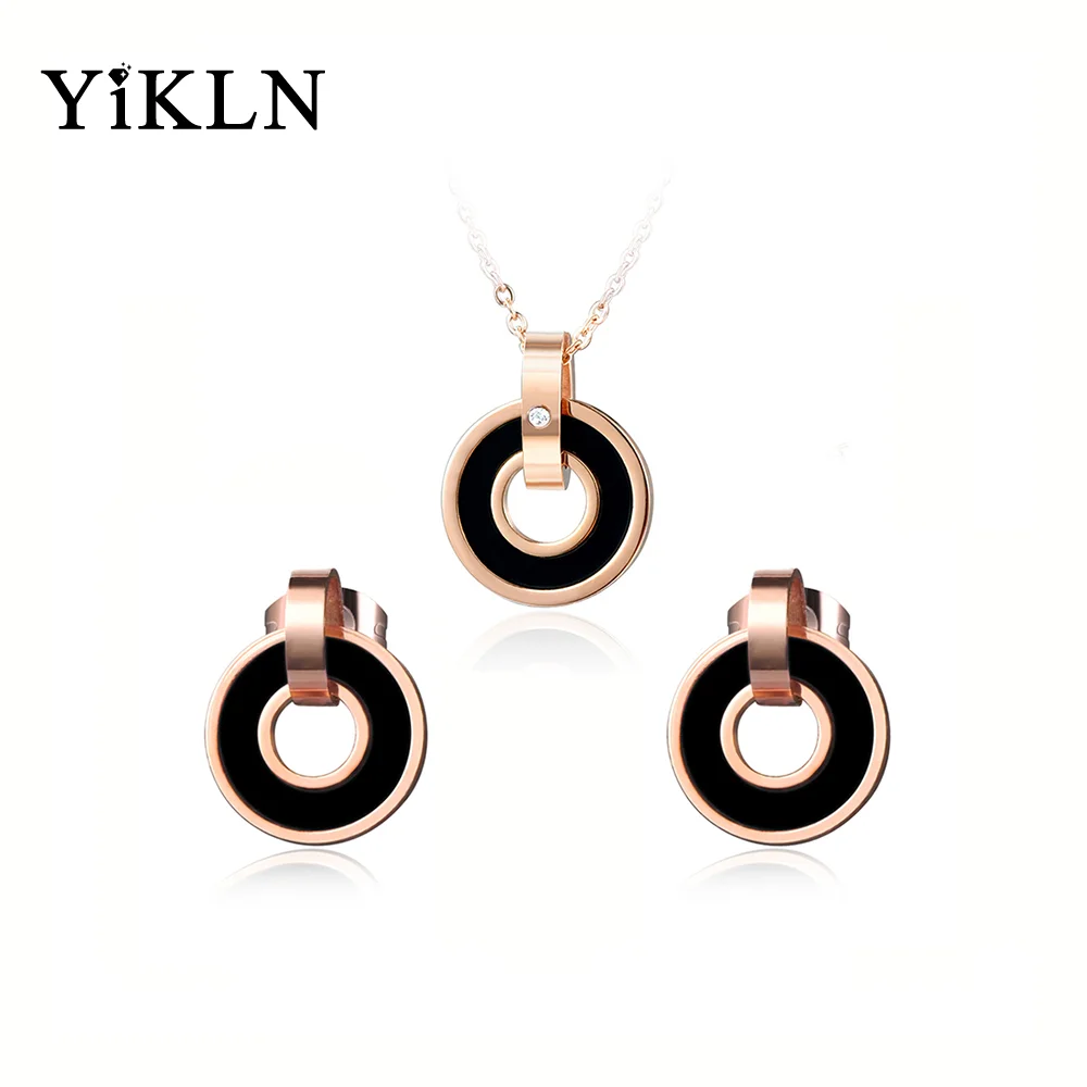 

YiKLN Black/Pink Acrylic Double Circle Earrings Necklace Sets Rose Gold Stainless Steel Wedding Set Jewelry For Women YSE006