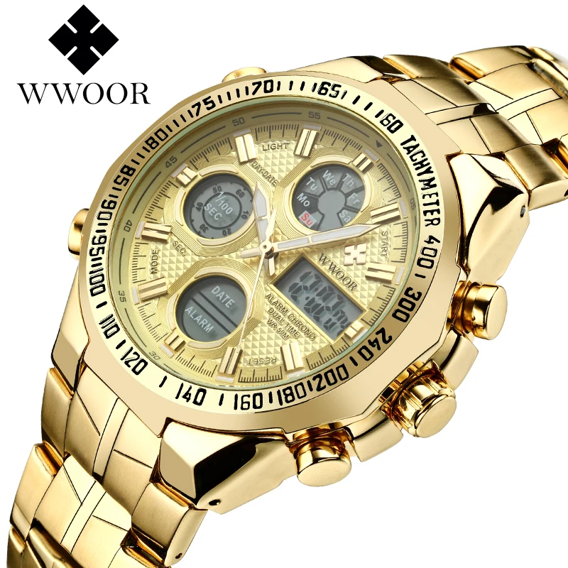 WWOOR Relogio Masculino цифровые светодиодные золотые часы для мужчин Топ бренд класса люкс