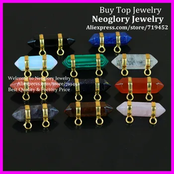 

11PCS Healing Chakra Druzy Gem Stone Pendant 2 Holes Pink Quartz/Opal/crystal/Stone Hexagon Prism Bead Pendant Fit Necklace