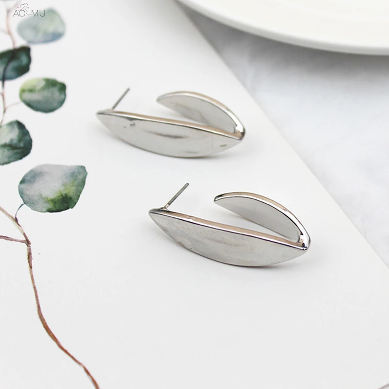 AOMU серебристо-золотистые металлические застёжки металлические геометрические серьги с ромбовидными листьями большие серьги-гвоздики для женщин девушек массивные вечерние ювелирные изделия для свадьбы