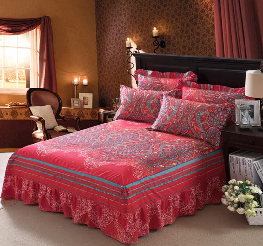 Red flowers 1 piece 100% cotton flowers bed skirt, bed spread,  mattress cover twin full queen size 1pcs Bed skirt bedding