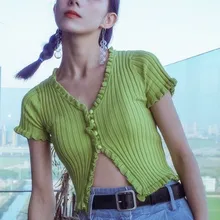 Тонкий облегающий короткий рукав тонкий кардиган Женские трикотажные футболки