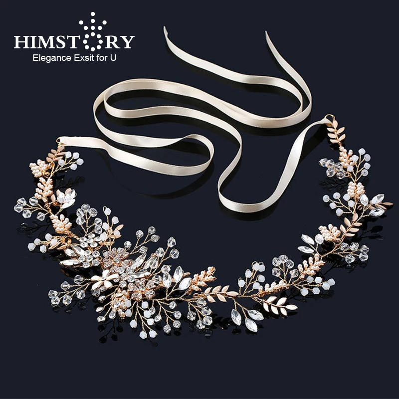 HIMSTORY Handmade Gold Crystal Leaf Headband Bridal Wedding Hair