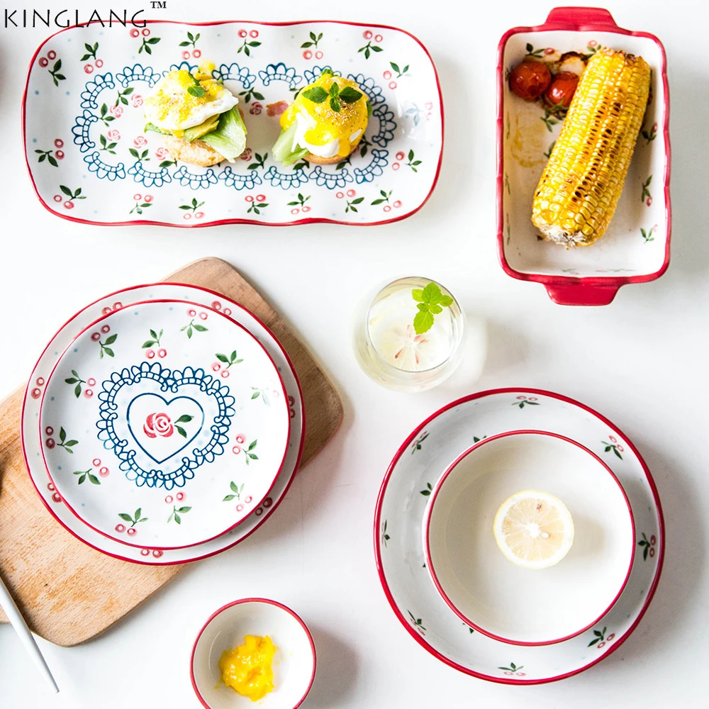 

Japanese Style ceramic plate set Cherry pottery tableware, large plate dishes, Western dishes, fish plates, bowls and plates.