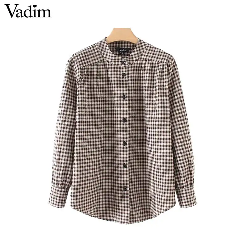 Vadim women vintage plaid loose shirt checkered long sleeve stand ...